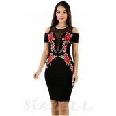 THE "RIVA" LUXURY COLD SHOULDER BODYCON EMBROIDERED ROSE & MESH DRESS...
