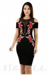 THE "RIVA" LUXURY COLD SHOULDER BODYCON EMBROIDERED ROSE & MESH DRESS...