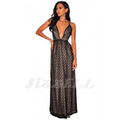 THE " KATIE" TEXTURED LACE LUXURY MAXI DRESS W/ PLUNGING NECKLINE... BLACK/NUDE...
