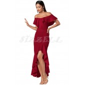 THE "REM" OFF SHOULDER LUXE RUFFLED MAXI DRESS W/ HIGH-LOW HEMLINE... BERRY...