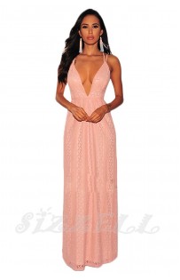 THE " KATIE" TEXTURED LACE LUXURY MAXI DRESS W/ PLUNGING NECKLINE... SLAYING PINK/ NUDE...