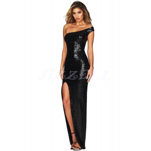 THE " BREE " LUXURY OFF-ONE - SHOULDER SEQUIN MAXI DRESS... BLACK