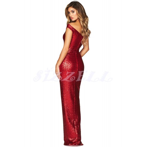 THE " BREE " LUXURY OFF-ONE - SHOULDER SEQUIN MAXI DRESS... RUBY
