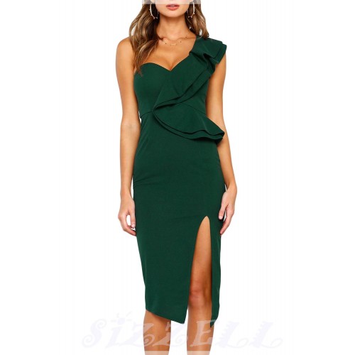 THE " ALAINE " SWEETHEART RUFFLED ONE SHOULDER COCKTAIL DRESS.... EMERALD 