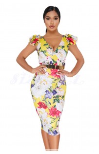 THE "LIVVI" LUXE FLORAL MIDI BODYCON DRESS W/ RUFFLE CAP SLEEVES... YELLOW FLORAL...