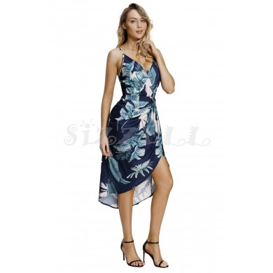 THE " JENNY" BLUE/GREEN LEAF PRINT PLUNGING NECKLINE LUXE FLORAL FRONT WRAP DRESS...