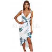 THE " JENNY" WHITE W/ PALM PRINT  PLUNGING NECKLINE LUXE FLORAL FRONT WRAP DRESS...