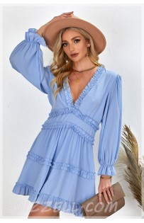 THE "MARI" RUFFLE DETAILED LUXE DRESS WITH CUT OUT BACK.  POWDER BLUE