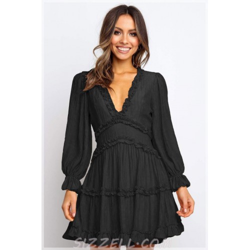 THE "MARI" RUFFLE DETAILED LUXE DRESS WITH CUT OUT BACK. BLACK