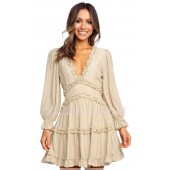 THE "MARI" RUFFLE DETAILED LUXE DRESS WITH CUT OUT BACK.  NUDE BEIGE