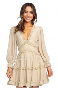 THE "MARI" RUFFLE DETAILED LUXE DRESS WITH CUT OUT BACK.  NUDE BEIGE
