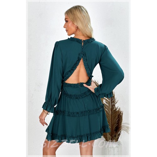 THE "MARI" RUFFLE DETAILED LUXE DRESS WITH CUT OUT BACK. DARK TEAL.