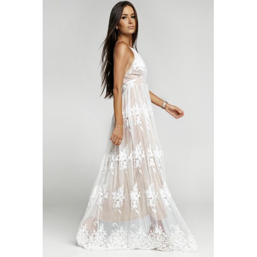 THE “BETH” WHITE NUDE LACE HALTER MAXI  DRESS…