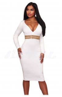 THE " KIMBERLY" LUXE EMBELLISHED WAIST DEEP -V NECKLINE BODYCON DRESS... WHITE...